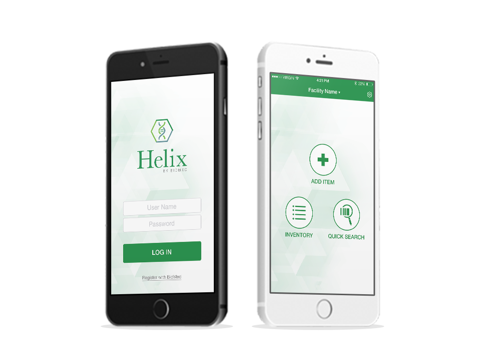 Two iPhones on a transparent background displaying the Helix Mobile inventory management mobile application.
