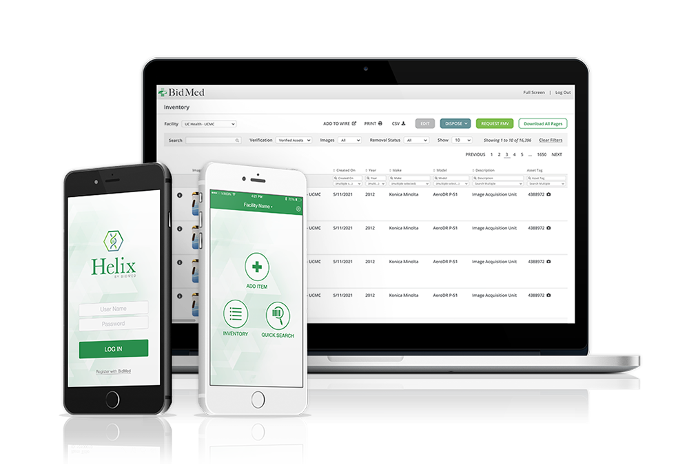 Laptop showing inventory management software Inventory+ with iPhones showing Helix Mobile inventory management mobile app.