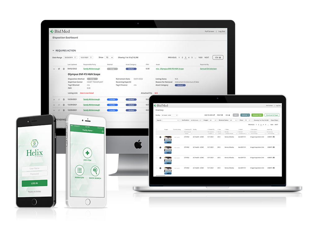 Helix inventory management software suite and mobile app, shown on a desktop computer, and laptop, and an iPhone.