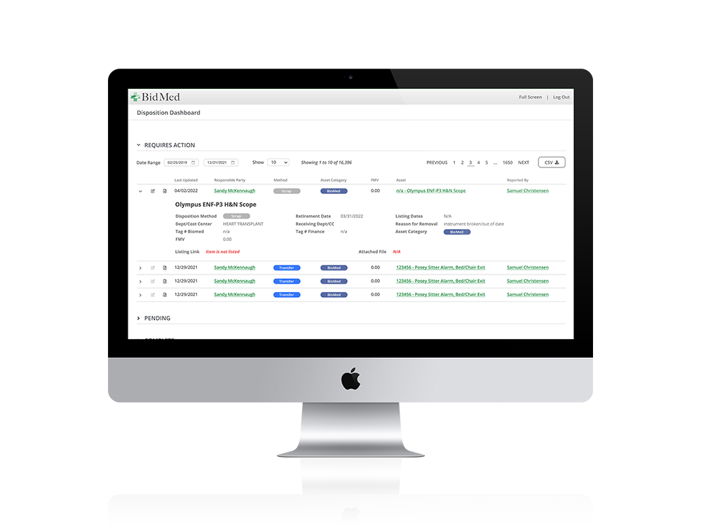 A desktop computer showing Helix Workflow+ inventory management software equipment disposition dashboard.