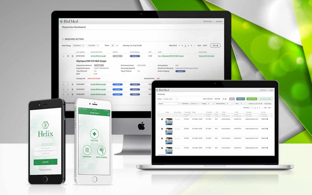 Helix inventory management software displayed on an iMac, Macbook Pro, and two iPhones standing on a table. Includes Workflow+, Inventory+, and Helix Mobile inventory management mobile app.